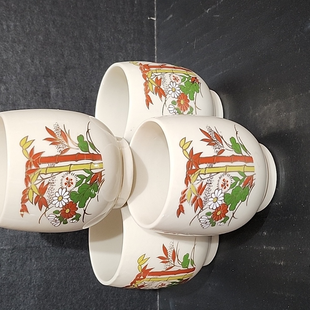 Set of 4 Vintage '70s Japanese Bamboo/Floral Pottery Tea/Sake Cups, ARMBEE